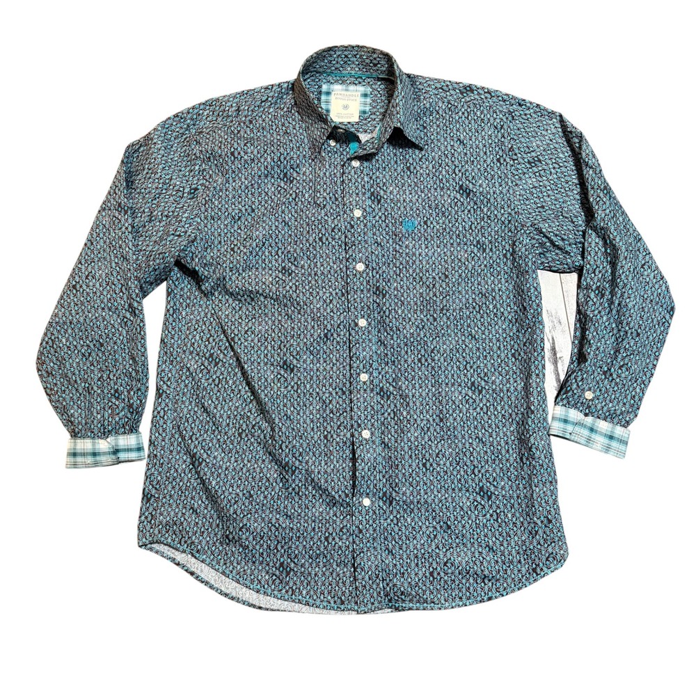 Panhandle Rough Stock‎ Mens Teal Brown Paisley Western Button Down Shirt Medium